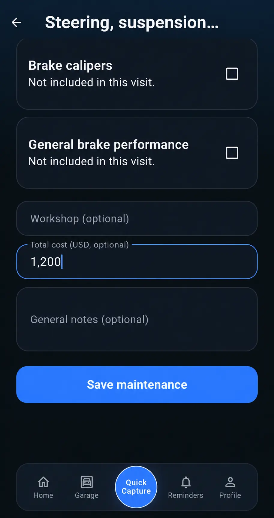 Carvelia maintenance record form