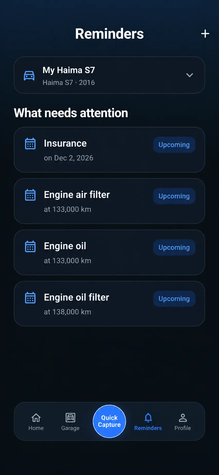 Carvelia maintenance reminders